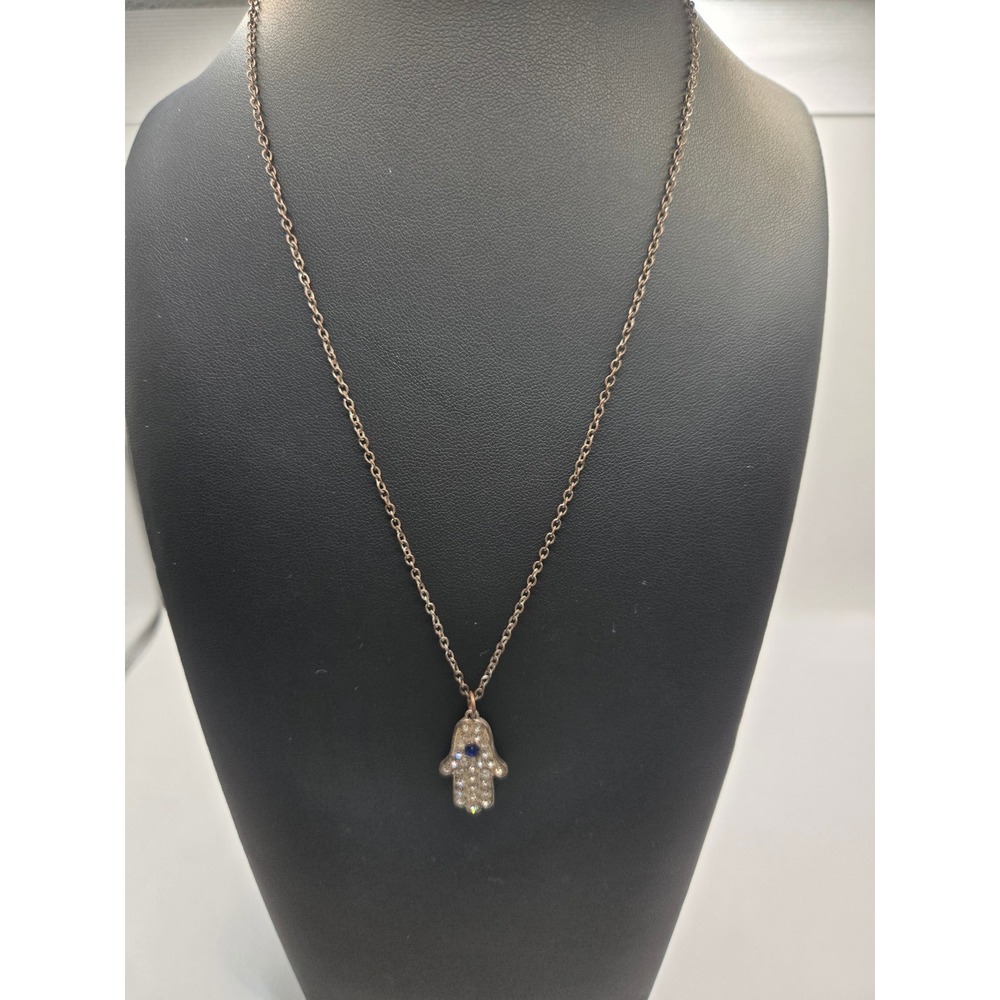 Hamsa Hand Evil Eye Pendant Necklace Blue Crystal Accents Bronze Tone 18 Inch